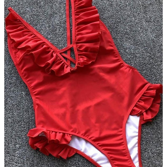 NWT Lipstick Red Ruffle One Piece Medium - Picture 2 of 5